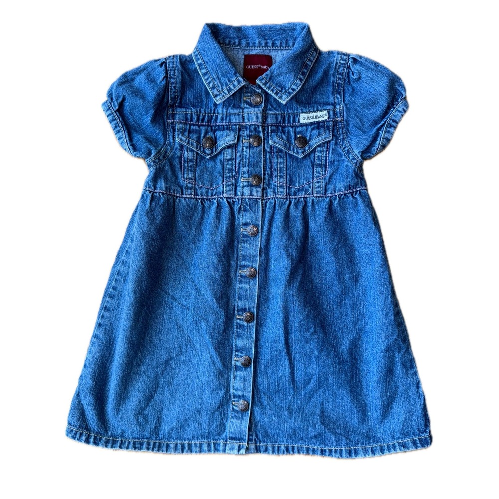 Vintage 90s Guess Baby Denim Dress Puff Sleeve Button Front 24M colored stitch